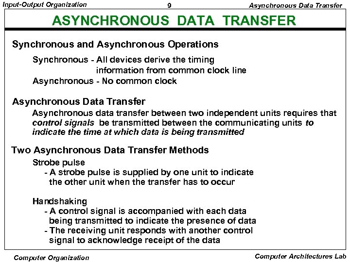 Input-Output Organization 9 Asynchronous Data Transfer ASYNCHRONOUS DATA TRANSFER Synchronous and Asynchronous Operations Synchronous