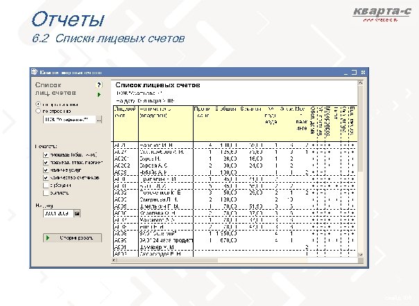 Отчеты 6. 2 Списки лицевых счетов слайд 106 