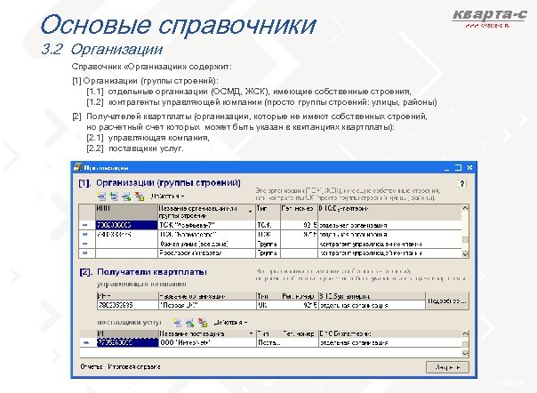 Основые справочники 3. 2 Организации Справочник «Организации» содержит: [1] Организации (группы строений): [1. 1]