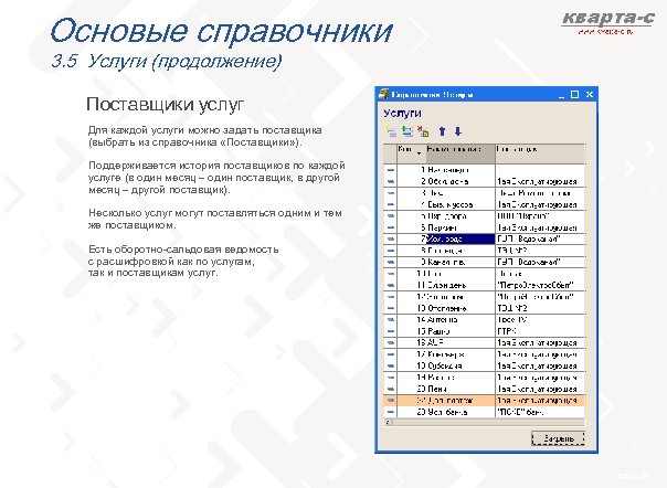 Основые справочники 3. 5 Услуги (продолжение) Поставщики услуг Для каждой услуги можно задать поставщика