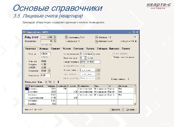 Основые справочники 3. 5 Лицевые счета (квартира) Закладка «Квартира» содержит данные о жилом помещении.