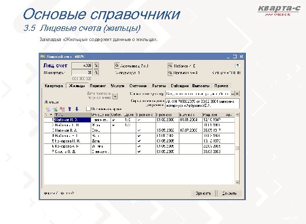 Основые справочники 3. 5 Лицевые счета (жильцы) Закладка «Жильцы» содержит данные о жильцах. слайд