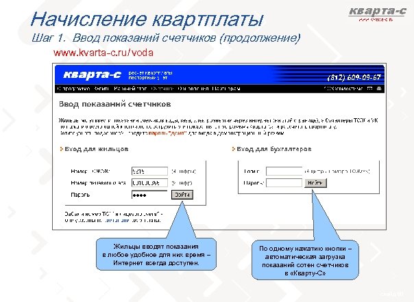 Начисление квартплаты Шаг 1. Ввод показаний счетчиков (продолжение) www. kvarta-c. ru / voda Жильцы