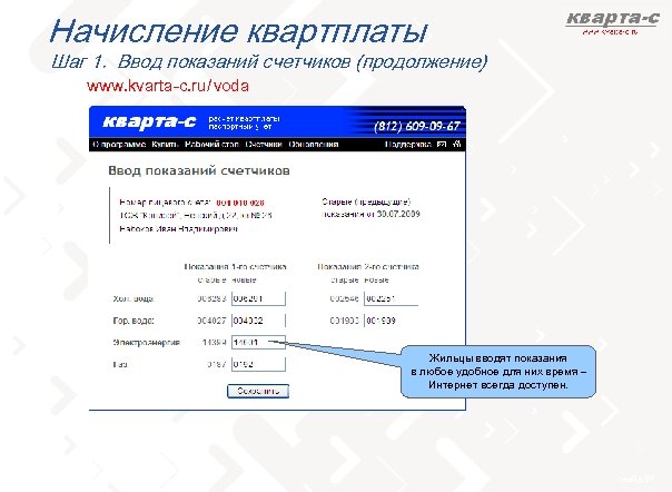 Начисление квартплаты Шаг 1. Ввод показаний счетчиков (продолжение) www. kvarta-c. ru / voda Жильцы