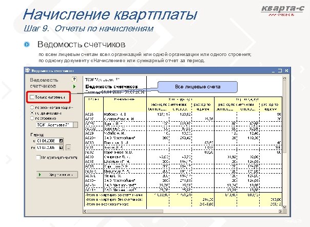 Начисление квартплаты Шаг 9. Отчеты по начислениям Ведомость счетчиков по всем лицевым счетам всех