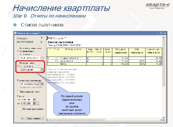 Начисление квартплаты Шаг 9. Отчеты по начислениям Список льготников По одной услуге (одна колонка)