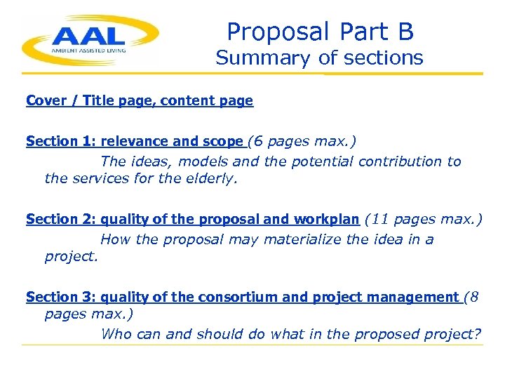 Proposal Part B Summary of sections Cover / Title page, content page Section 1: