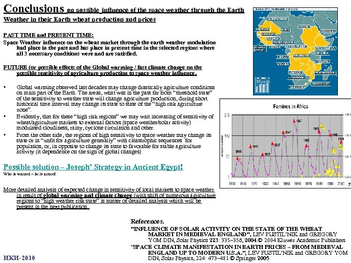 Conclusions on possible influence of the space weather through the Earth Weather in their