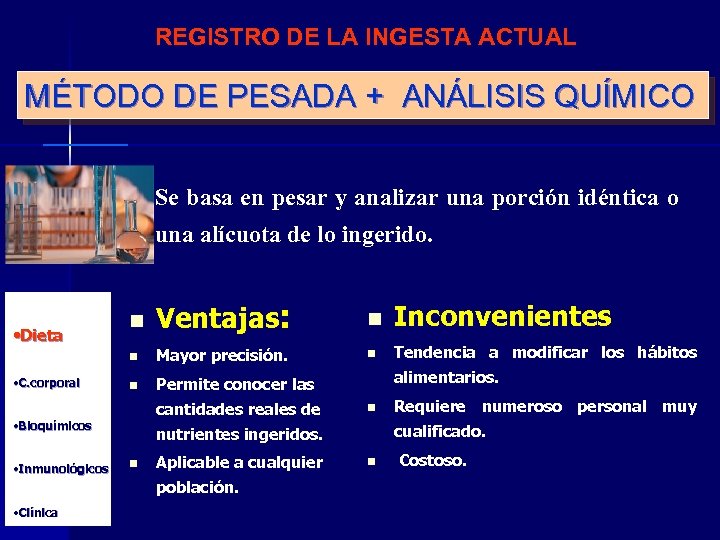REGISTRO DE LA INGESTA ACTUAL MÉTODO DE PESADA + ANÁLISIS QUÍMICO Se basa en