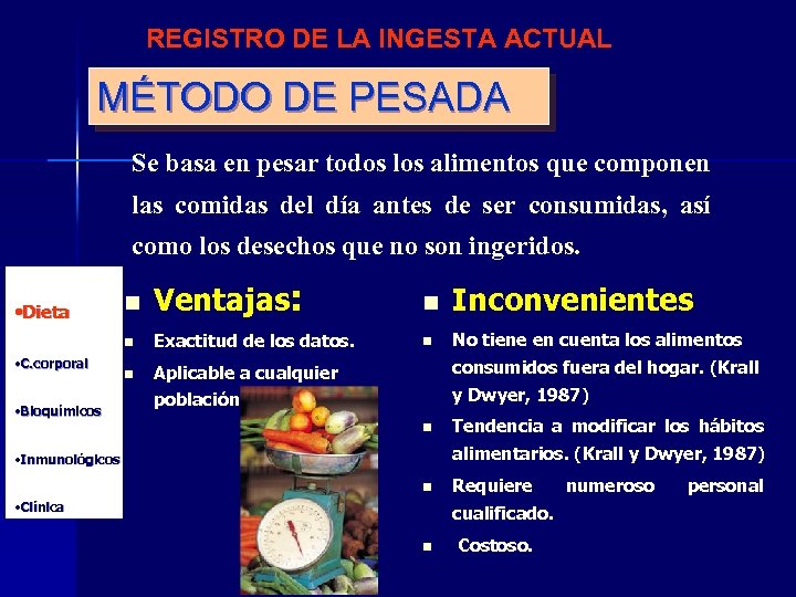 REGISTRO DE LA INGESTA ACTUAL MÉTODO DE PESADA Se basa en pesar todos los