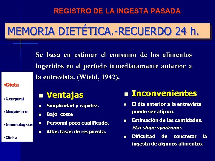 REGISTRO DE LA INGESTA PASADA MEMORIA DIETÉTICA. -RECUERDO 24 h. Se basa en estimar