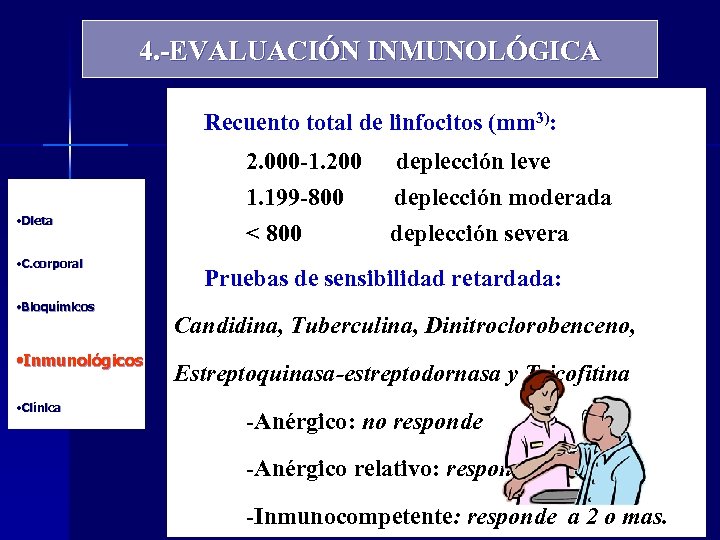 4. -EVALUACIÓN INMUNOLÓGICA Recuento total de linfocitos (mm 3): 2. 000 -1. 200 1.