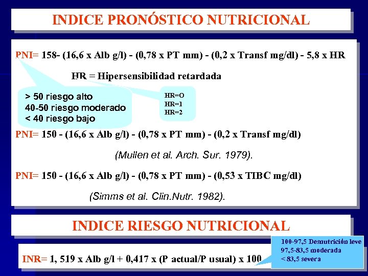INDICE PRONÓSTICO NUTRICIONAL PNI= 158 - (16, 6 x Alb g/l) - (0, 78