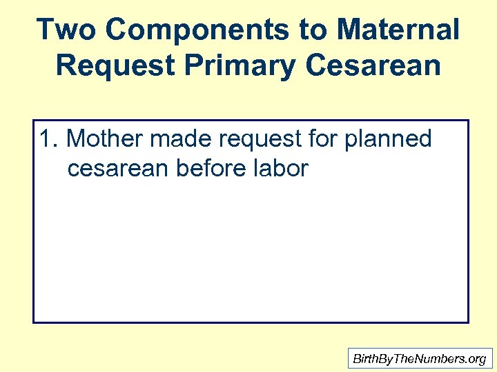 Two Components to Maternal Request Primary Cesarean 1. Mother made request for planned cesarean