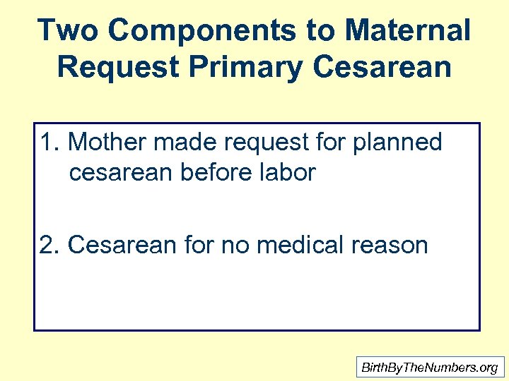 Two Components to Maternal Request Primary Cesarean 1. Mother made request for planned cesarean