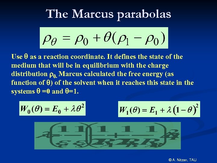 The Marcus parabolas Use q as a reaction coordinate. It defines the state of