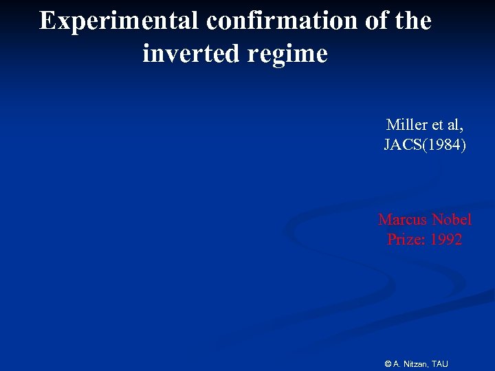 Experimental confirmation of the inverted regime Miller et al, JACS(1984) Marcus Nobel Prize: 1992