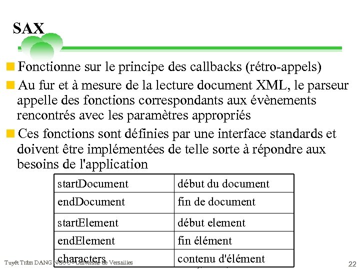 SAX <Fonctionne sur le principe des callbacks (rétro-appels) <Au fur et à mesure de