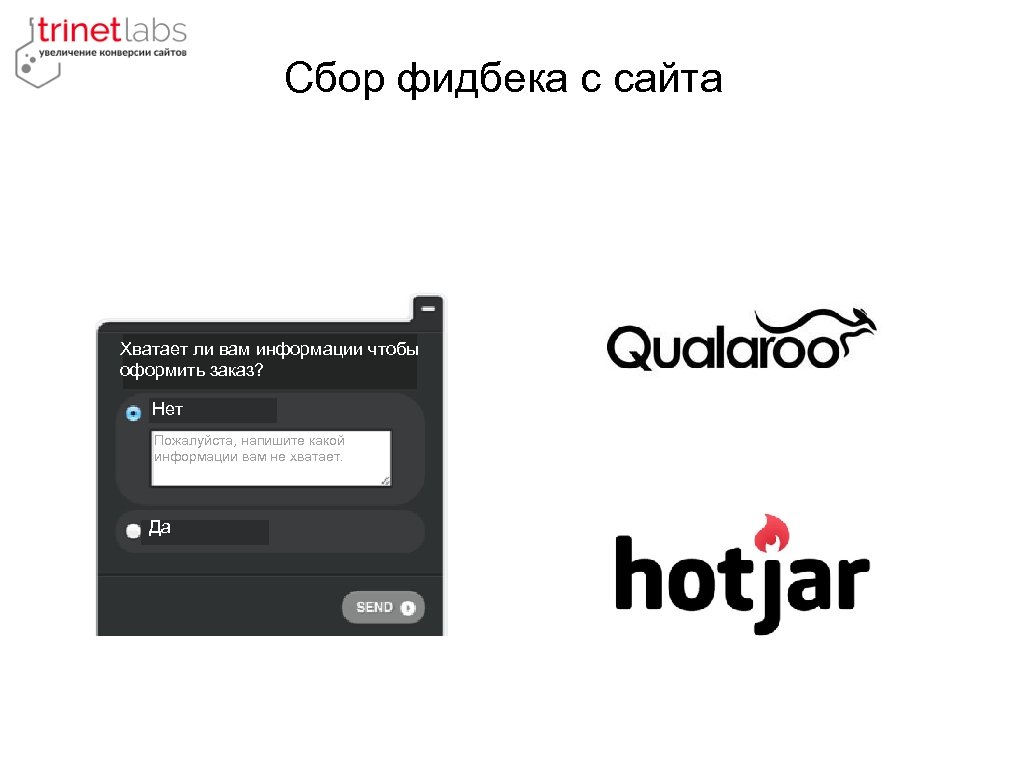 Сбор фидбека с сайта Хватает ли вам информации чтобы оформить заказ? Нет Пожалуйста, напишите