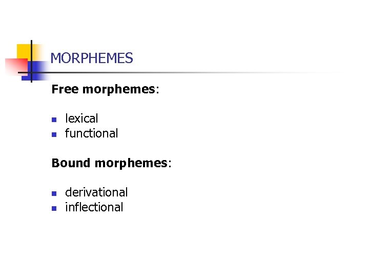 MORPHEMES Free morphemes: n n lexical functional Bound morphemes: n n derivational inflectional 