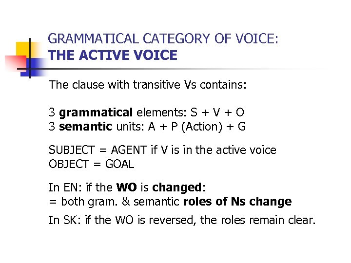 GRAMMATICAL CATEGORY OF VOICE: THE ACTIVE VOICE The clause with transitive Vs contains: 3