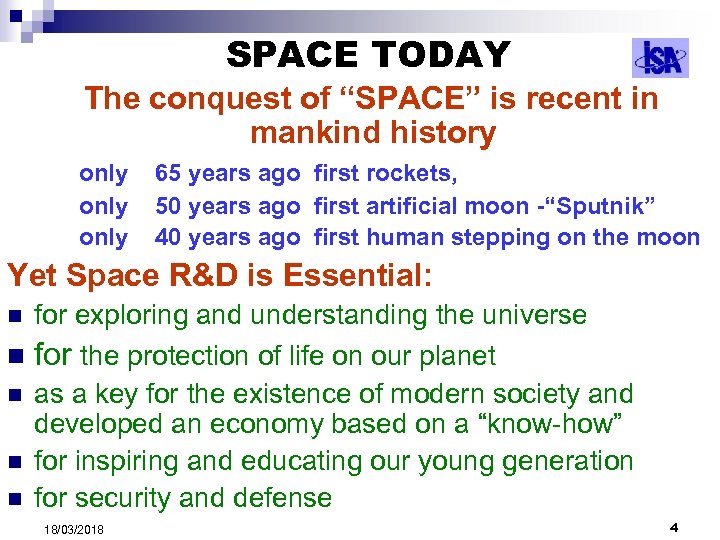 SPACE TODAY The conquest of “SPACE” is recent in mankind history only 65 years