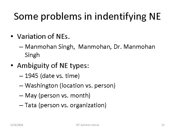Some problems in indentifying NE • Variation of NEs. – Manmohan Singh, Manmohan, Dr.