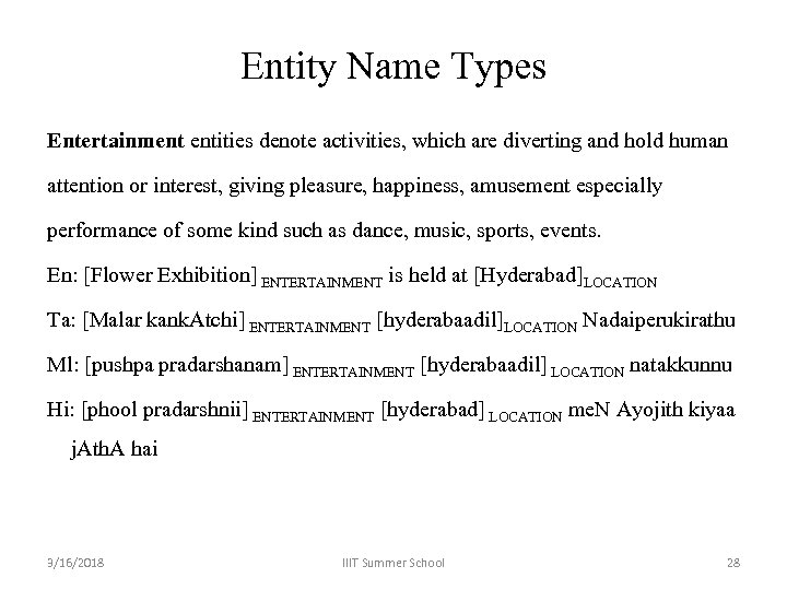 Entity Name Types Entertainment entities denote activities, which are diverting and hold human attention
