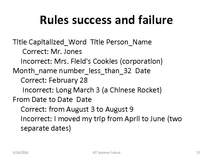 Rules success and failure Title Capitalized_Word Title Person_Name Correct: Mr. Jones Incorrect: Mrs. Field's