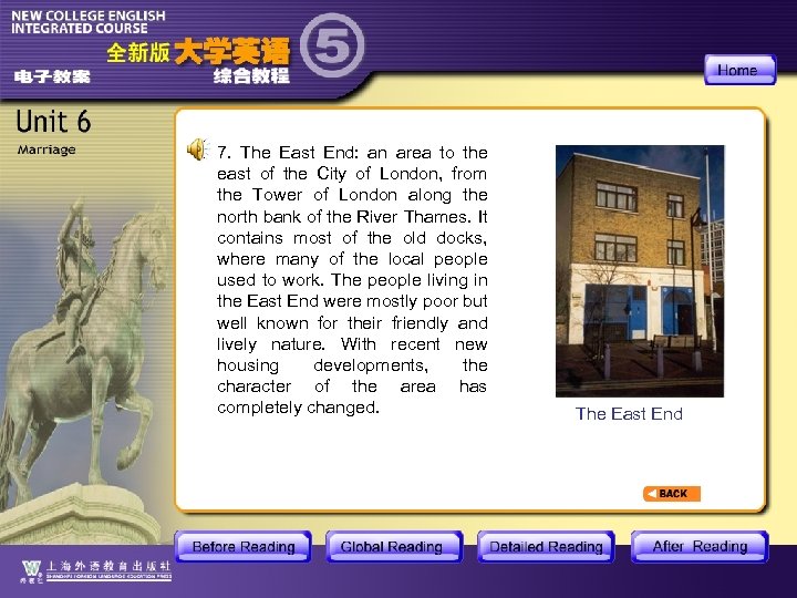 7. The East End: an area to the east of the City of London,