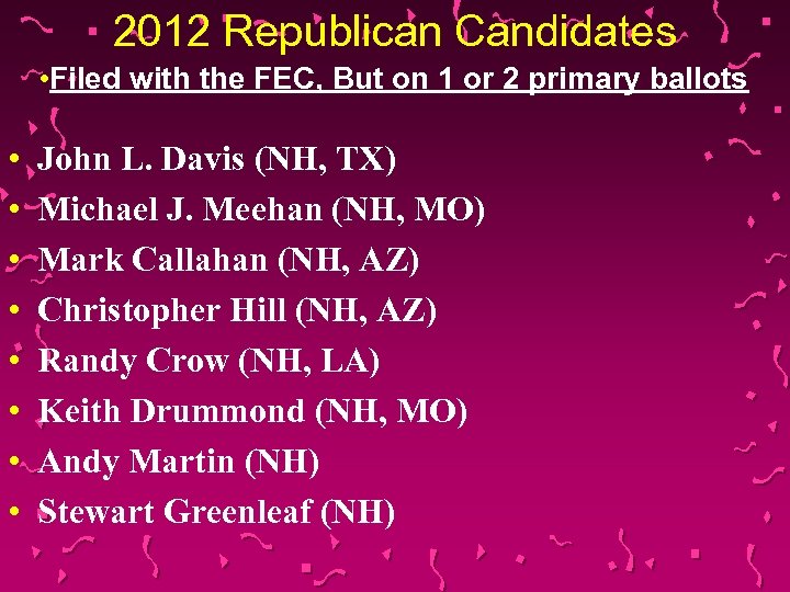 2012 Republican Candidates • Filed with the FEC, But on 1 or 2 primary