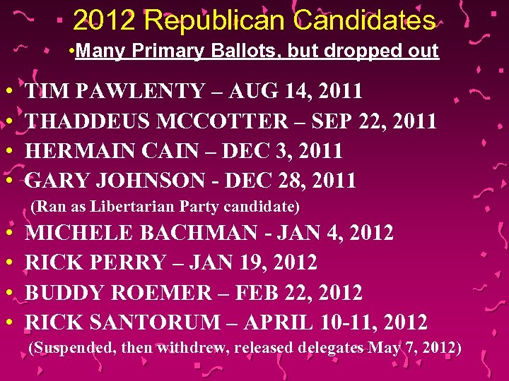 2012 Republican Candidates • Many Primary Ballots, but dropped out • • TIM PAWLENTY