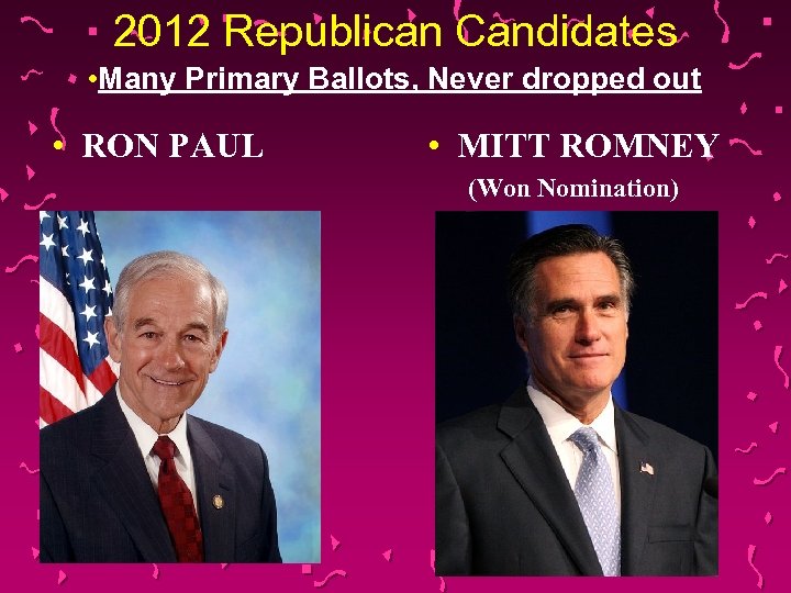 2012 Republican Candidates • Many Primary Ballots, Never dropped out • RON PAUL •