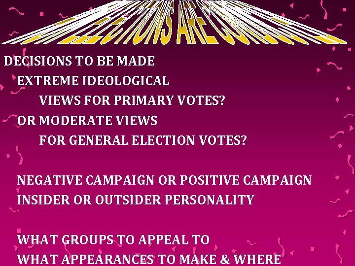 DECISIONS TO BE MADE EXTREME IDEOLOGICAL VIEWS FOR PRIMARY VOTES? OR MODERATE VIEWS FOR