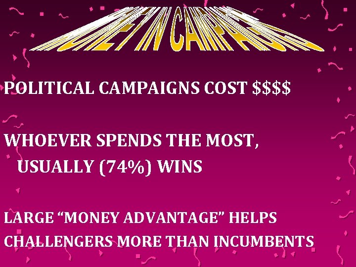 POLITICAL CAMPAIGNS COST $$$$ WHOEVER SPENDS THE MOST, USUALLY (74%) WINS LARGE “MONEY ADVANTAGE”