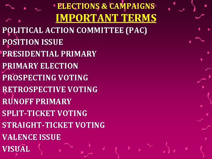 ELECTIONS & CAMPAIGNS IMPORTANT TERMS POLITICAL ACTION COMMITTEE (PAC) POSITION ISSUE PRESIDENTIAL PRIMARY ELECTION