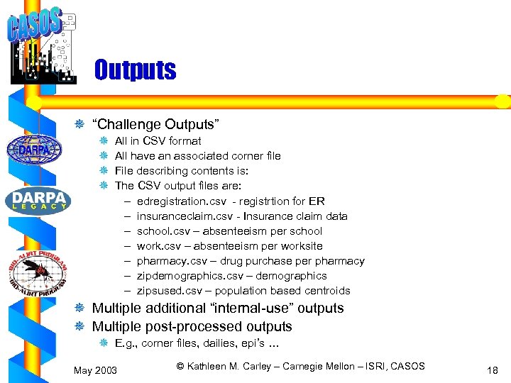 Outputs ¯ “Challenge Outputs” ¯ ¯ All in CSV format All have an associated