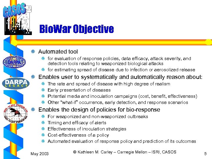 Bio. War Objective ¯ Automated tool ¯ for evaluation of response policies, data efficacy,