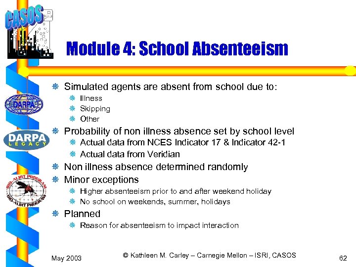Module 4: School Absenteeism ¯ Simulated agents are absent from school due to: ¯