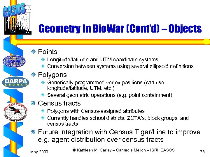 Geometry In Bio. War (Cont’d) – Objects ¯ Points ¯ Longitude/latitude and UTM coordinate