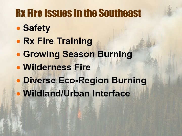 Rx Fire Issues in the Southeast · Safety · Rx Fire Training · Growing