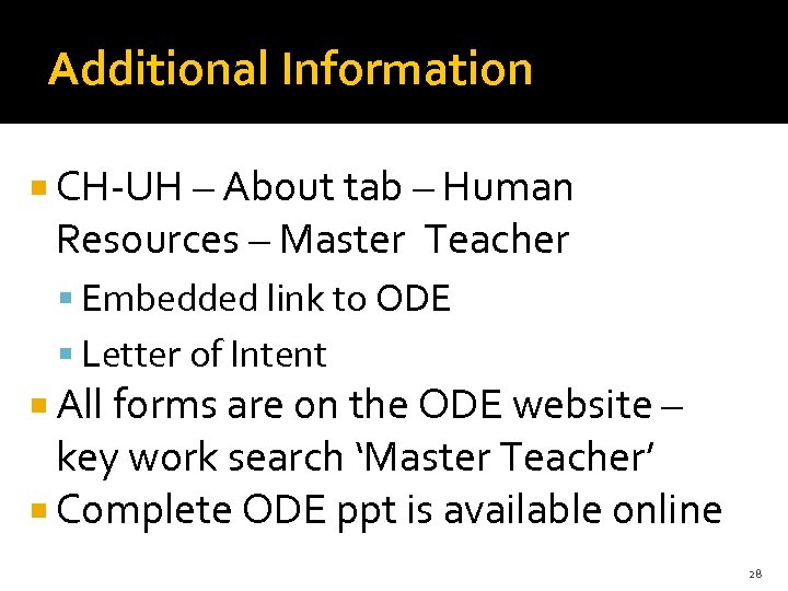 Additional Information CH-UH – About tab – Human Resources – Master Teacher Embedded link