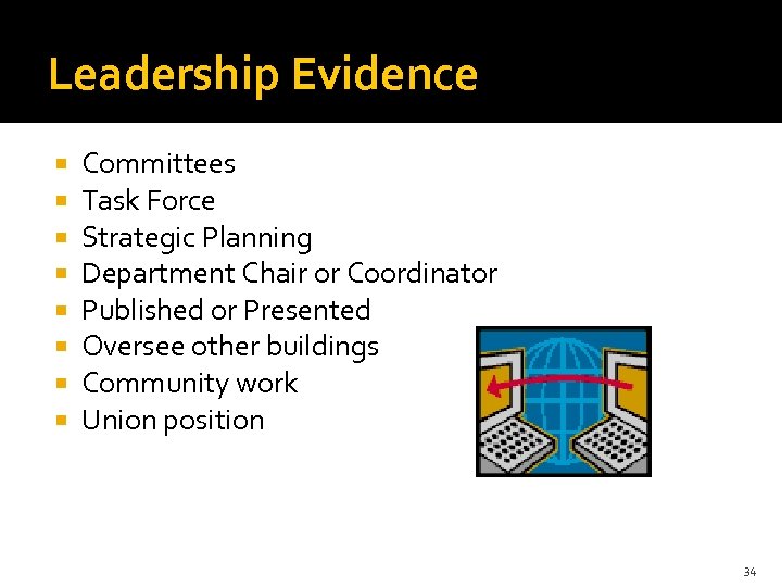 Leadership Evidence Committees Task Force Strategic Planning Department Chair or Coordinator Published or Presented