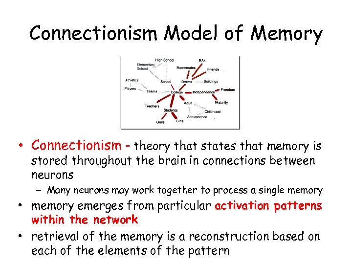 Connectionism Model of Memory • Connectionism – theory that states that memory is stored