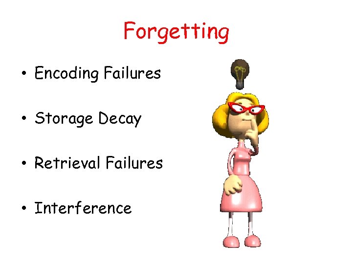 Forgetting • Encoding Failures • Storage Decay • Retrieval Failures • Interference 