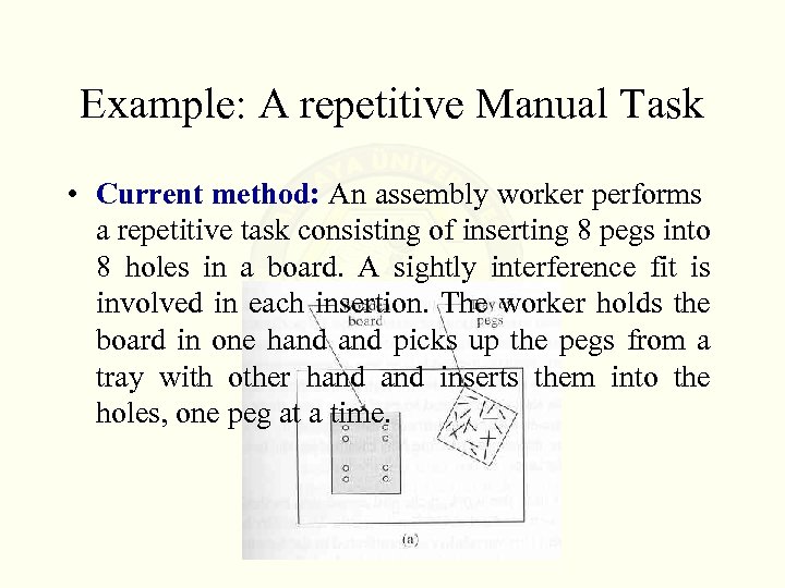 Example: A repetitive Manual Task • Current method: An assembly worker performs a repetitive