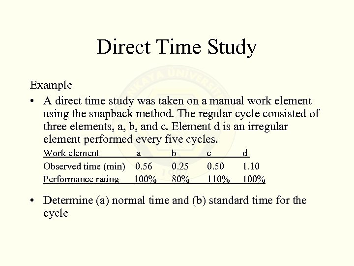 Direct Time Study Example • A direct time study was taken on a manual