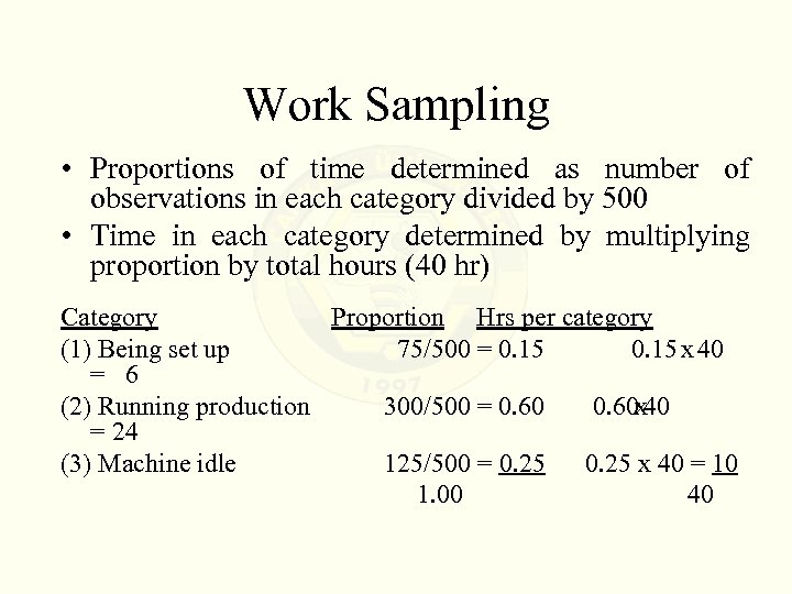 Work Sampling • Proportions of time determined as number of observations in each category