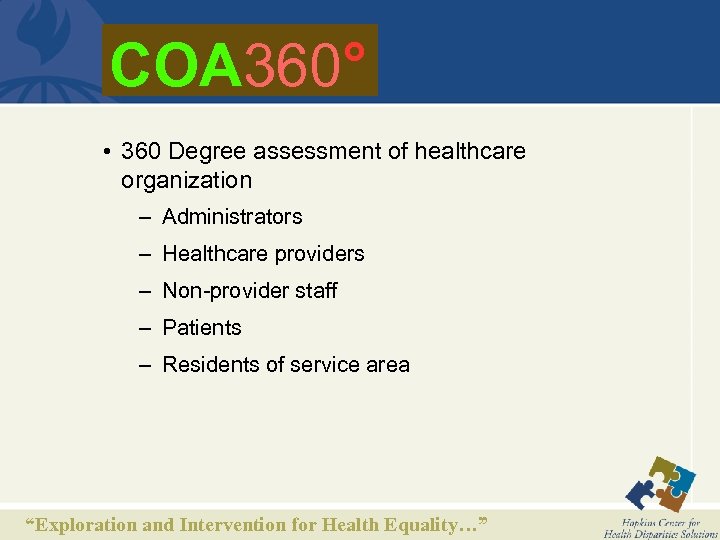 COA 360° • 360 Degree assessment of healthcare organization – Administrators – Healthcare providers