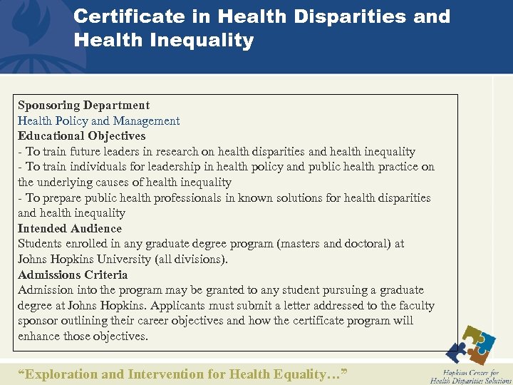 Certificate in Health Disparities and Health Inequality Sponsoring Department Health Policy and Management Educational